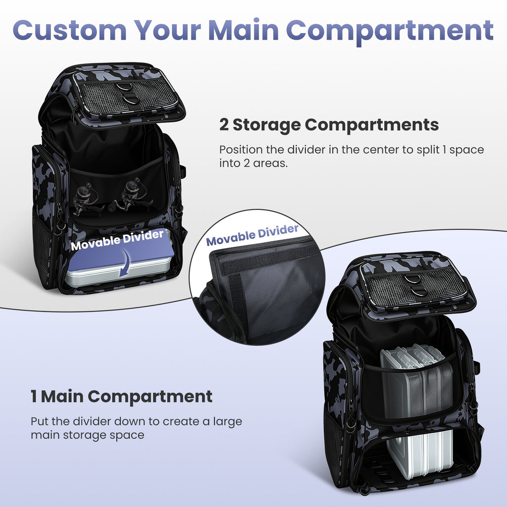 42L 11Gal Fishing Backpack Large Capacity Fishing Tackle Storage Bag with Rod Holders 16 Pocket Water-Resistant with Divider Adjustable Padded Straps for Fishing Gear Outdoor Camping Hiking