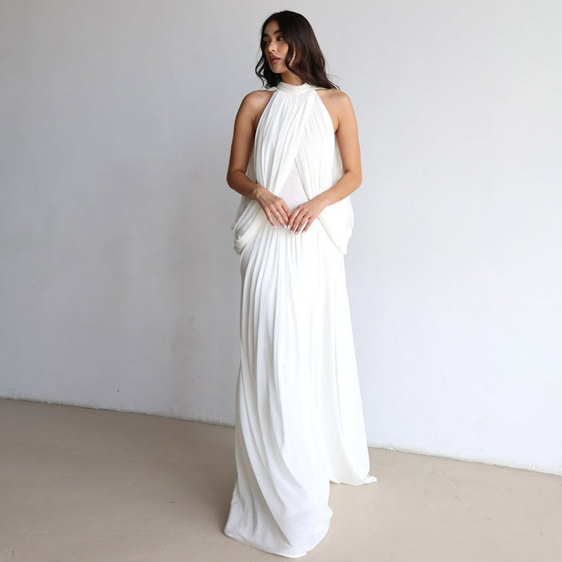 Women's Chiffon Maxi Dress - Pleated Round Neck Sleeveless Dress, Six Colours, XS-3XL - Amora