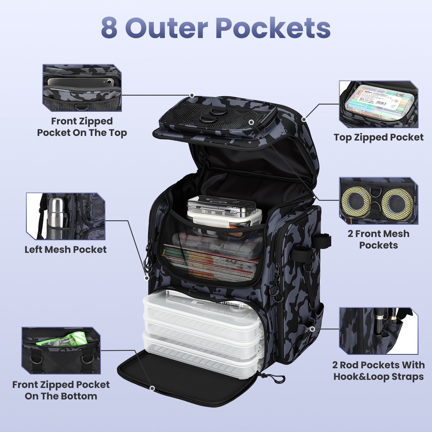42L 11Gal Fishing Backpack Large Capacity Fishing Tackle Storage Bag with Rod Holders 16 Pocket Water-Resistant with Divider Adjustable Padded Straps for Fishing Gear Outdoor Camping Hiking