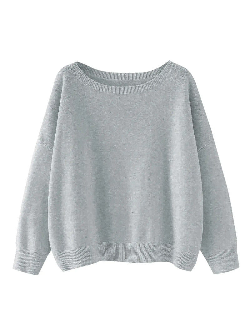 Women's Round Neck Knit Sweater - Loose Fit Long Sleeve Pullover, Grey or Green, S-XL - Amora
