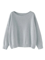 Women's Round Neck Knit Sweater - Loose Fit Long Sleeve Pullover, Grey or Green, S-XL - Amora