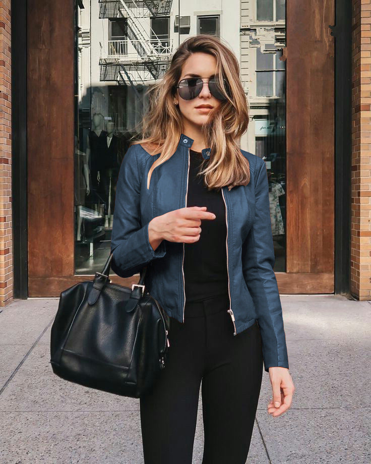 Women's Faux Leather Jacket - PU Stand Collar Slim Fit Blazer Jacket, Twelve Colours, S-5XL - Amora