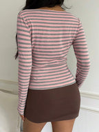 Women's Striped Long Sleeve T-Shirt - Slim Fit Round Neck Top, Grey, Light Yellow or Pink, S-XXL - Amora