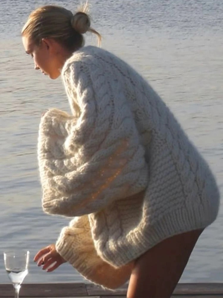 Women's Cable Knit Lantern Sleeve Sweater - Thick Loose Fit Pullover, Off-White or Camel, S-L - Amora