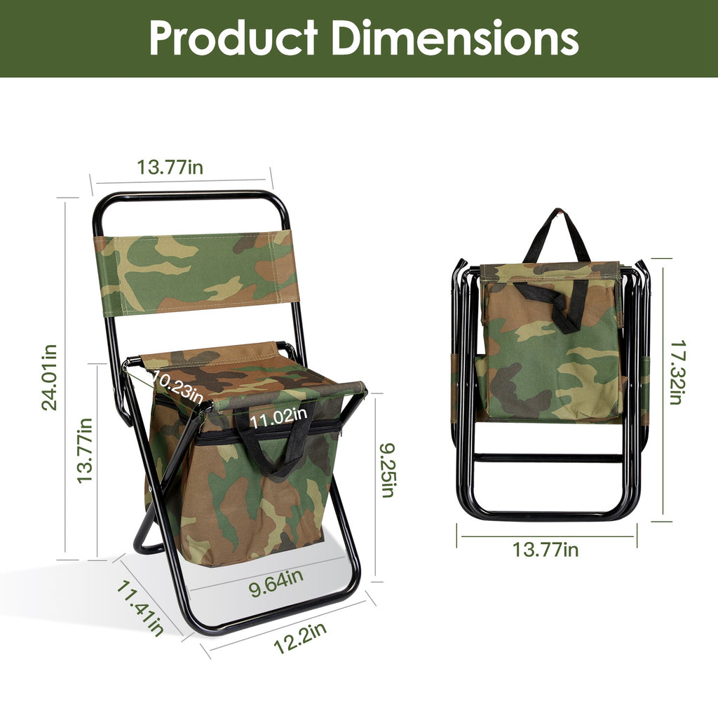Foldable Fishing Chair with Backrest Built-In Cooler Bag Portable Handle Outdoor Lightweight Fishing Stool for Camping Hiking Hunting