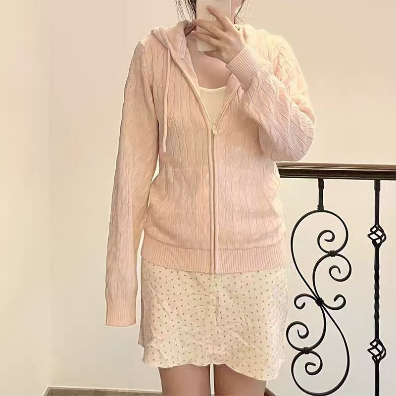 Women's Hooded Cable Knit Zip-Up Cardigan - Twist Knit Sweater Jacket with Pockets, White, Pink or Brown - Amora