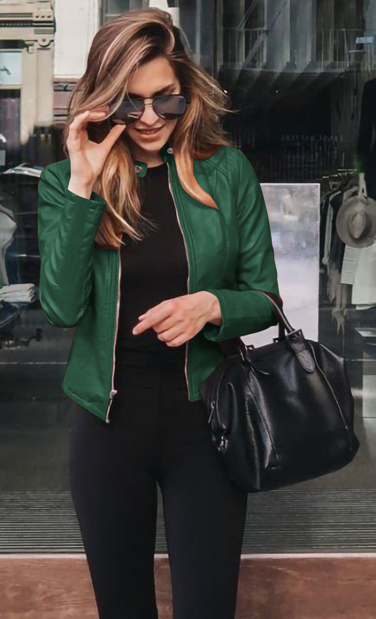 Women's Faux Leather Jacket - PU Stand Collar Slim Fit Blazer Jacket, Twelve Colours, S-5XL - Amora