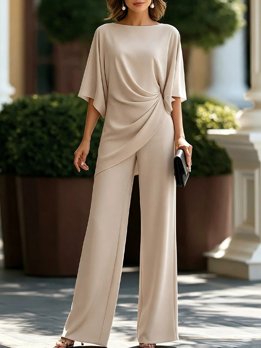 Women's Two Piece Set - Drop Waist Shirt and Wide Leg Trousers, Nine Colours, S-4XL - Amora