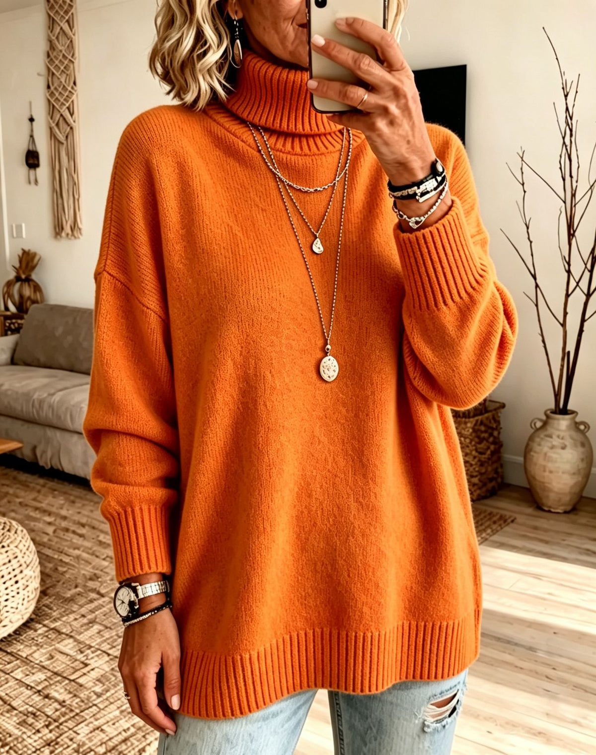 Women's High Neck Knit Sweater - Thick Loose Fit Pullover, Black, Grey & Emerald, S-3XL - Amora