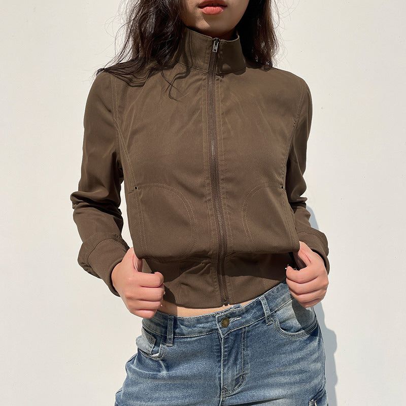Women's Faux Leather Jacket - Cropped High Neck Zip-Up Moto Jacket, Vintage Brown, S-L - Amora