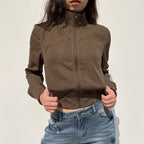 Women's Faux Leather Jacket - Cropped High Neck Zip-Up Moto Jacket, Vintage Brown, S-L - Amora