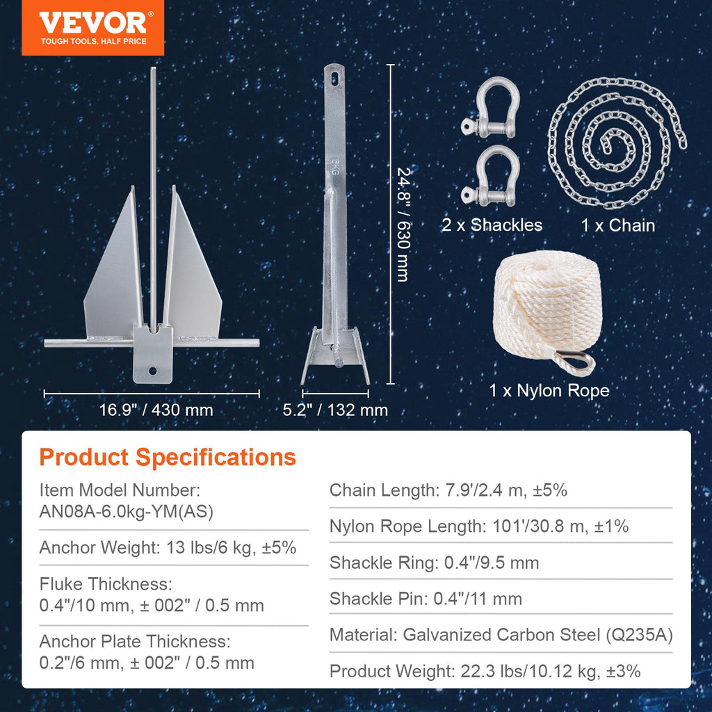 VEVOR Fluke Style Anchor Kit, 13 LBS Hot-Dipped Galvanized Steel Fluke Anchor, Marine Boat Anchor for Small Vessels under 30', Seas, Rivers and Shores