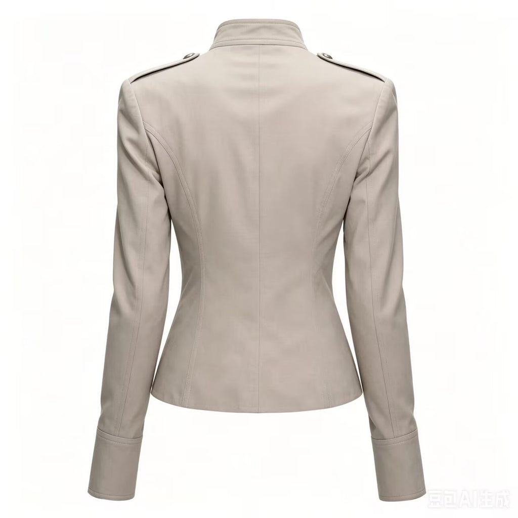 Women's Double-Breasted Stand Collar Coat - Retro Waist-Cinching Jacket with Metal Buttons, Khaki or Black, XS-L - Amora