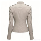 Women's Double-Breasted Stand Collar Coat - Retro Waist-Cinching Jacket with Metal Buttons, Khaki or Black, XS-L - Amora