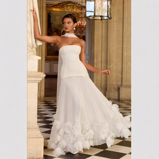 Women's Strapless Evening Gown - 3D Petal Pleated Ball Dress with Train, Six Colours, XS-XXL - Amora