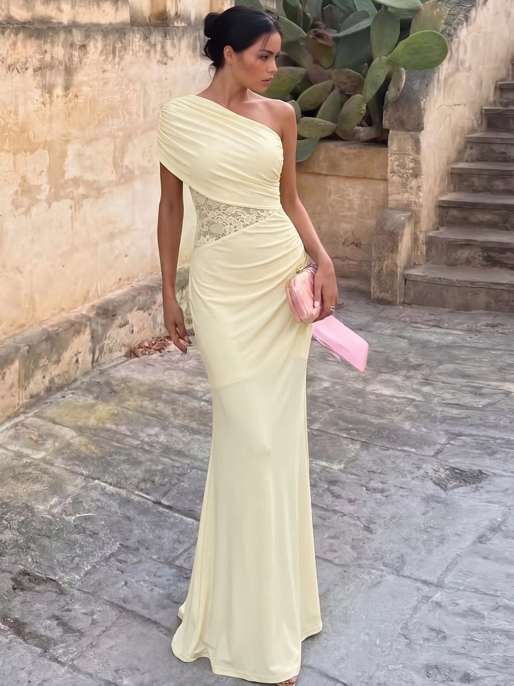 Women's Lace Bodycon Maxi Dress - Ruched High Waist Sleeveless Dress, Black or Light Yellow, S-L - Amora