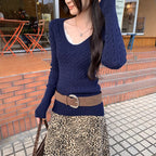 Women's Vintage Cable Knit Sweater - Slim Fit U-Neck Pullover, Cream, Red, Navy or Grey, S-L - Amora