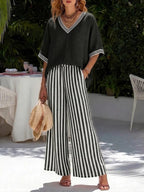 Women's Two Piece Set - V-Neck Top and Striped Wide Leg Cropped Trousers, Seven Colours, S-4XL - Amora