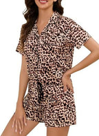 Women's Lapel Pyjama Set - Short Sleeve Top and Shorts Loungewear, Thirteen Patterns, XS-3XL - Amora