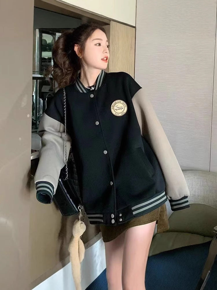 Women's Velvet Baseball Jacket - Thick Retro Varsity Bomber, Black or Light Brown, M-2XL - Amora