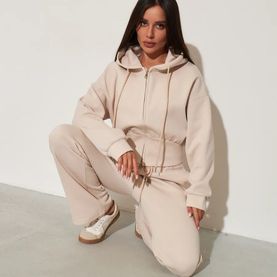 Women's Zip-Up Hoodie and Wide Leg Trouser Set - Drawstring Waist Loungewear, Four Colours, S-XL - Amora