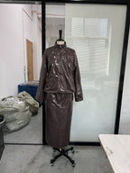 Women's PU Leather Two Piece Set - Stand Collar Jacket and High Waisted Skirt, Red or Brown, S-L - Amora