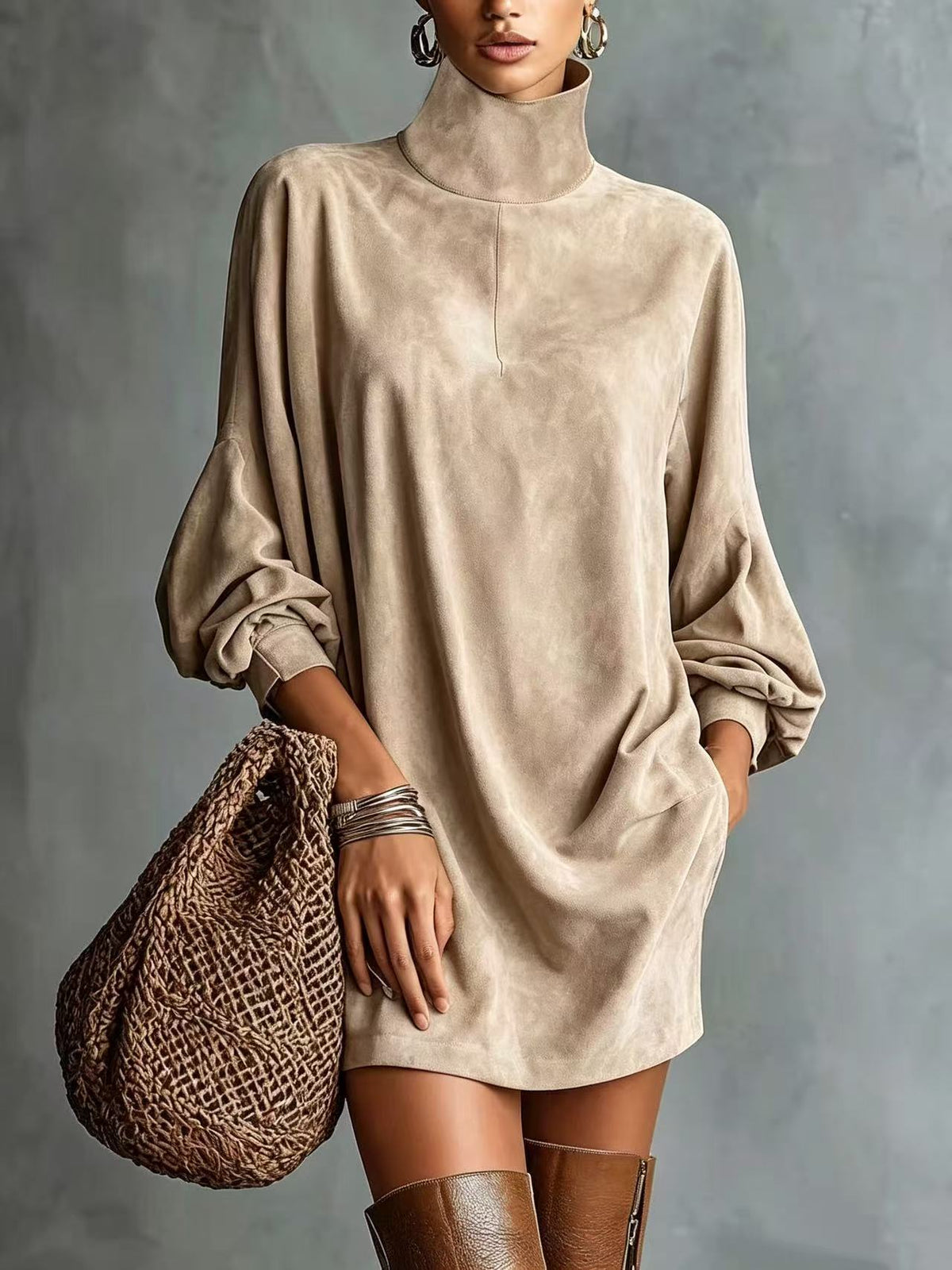 Women's Faux Suede A-Line Dress - Retro Long Sleeve Short Dress, Eight Colours, S-3XL - Amora