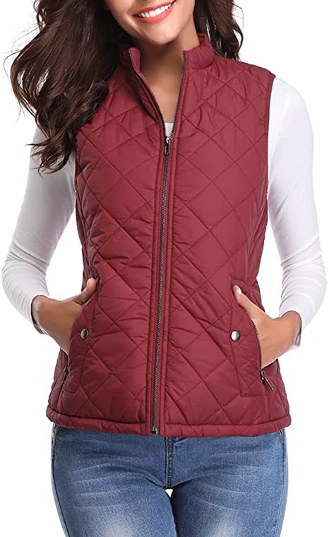 Women's Quilted Stand Collar Vest - Padded Zip-Up Gilet with Flap Pockets, Fifteen Colours, S-XXL - Amora