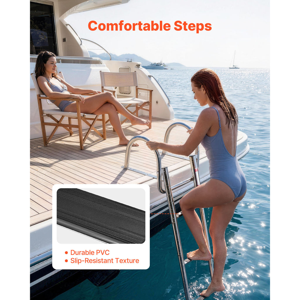 Boat Ladder, 4 Steps, Stainless Steel Telescoping Folding Swim Deck Ladder for Rear Entry Inboard, 600 Lbs Capacity with Wide Anti-Slip Steps & Handrails, for Outboards, Yacht, Pontoon Boats