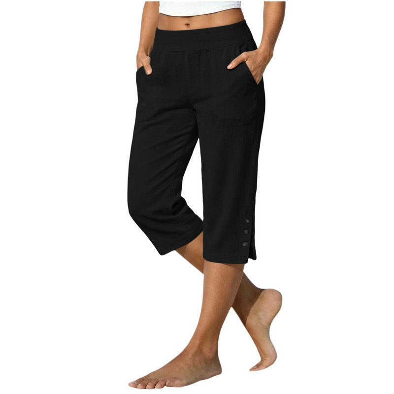Women's Cotton Linen Cropped Trousers - High Waist Loose Fit Pants with Pockets, Six Colours, XS-5XL - Amora