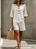 Women's Two Piece Set - Ruffle V-Neck Top and Shorts, Nine Colours, S-3XL - Amora