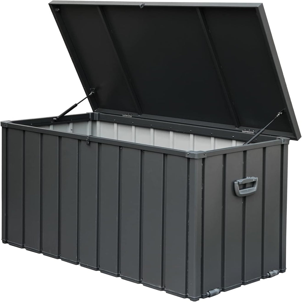 1 0 0 Gallon Outdoor Storage Deck Box Waterproof, Large Patio Storage Bin for outside Cushions, Throw Pillows, Garden Tools, Lockable Dark Gray