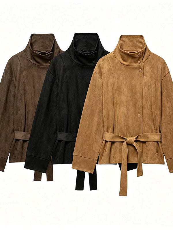 Women's Textured Stand Collar Jacket - Zip-Up Waist Tie Jacket, Light Brown, Tan or Black, XS-L - Amora