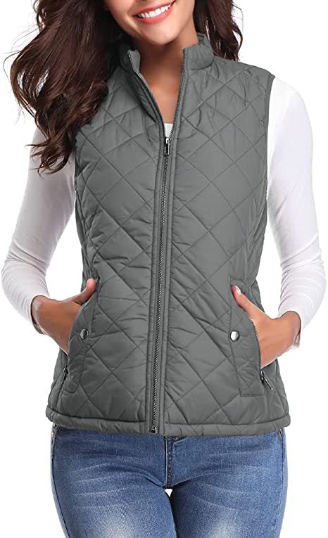 Women's Quilted Stand Collar Vest - Padded Zip-Up Gilet with Flap Pockets, Fifteen Colours, S-XXL - Amora