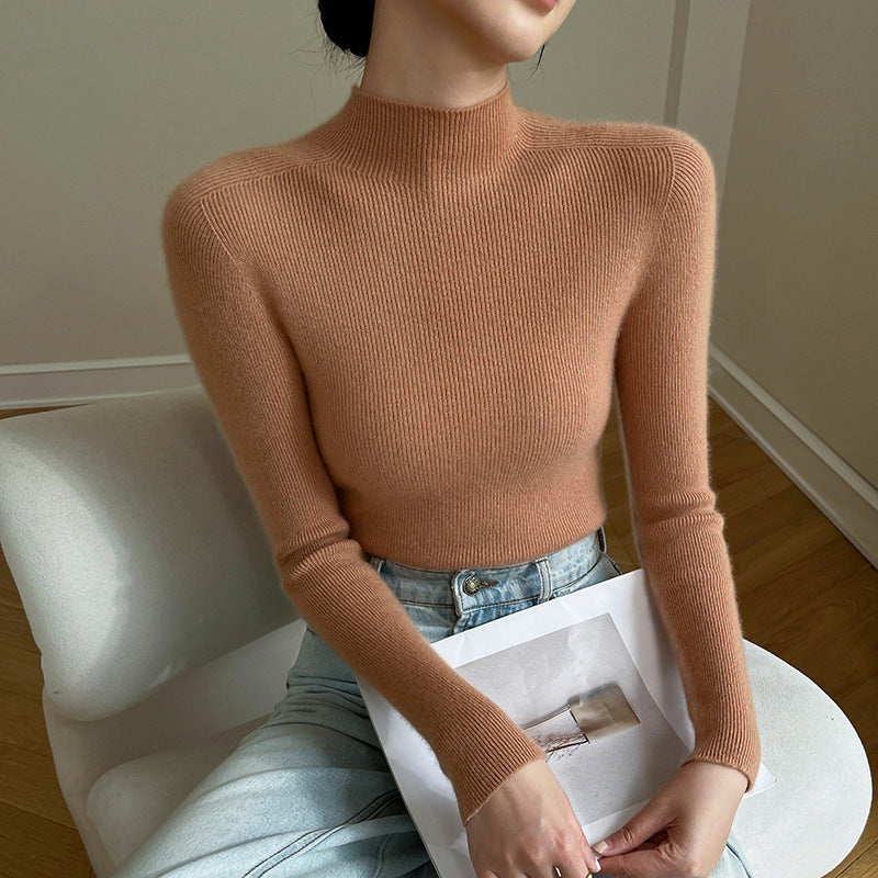 Women's Cashmere Blend Semi-High Neck Sweater - Seamless Slim Fit Knit Pullover, S-XXL - Amora