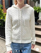 Women's Hooded Cable Knit Zip-Up Cardigan - Twist Knit Sweater Jacket with Pockets, White, Pink or Brown - Amora