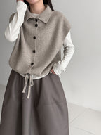 Women's Mock Neck Knit Vest - Sleeveless Sweater Tank with Drawstring Waist, Khaki, Burgundy or Black - Amora