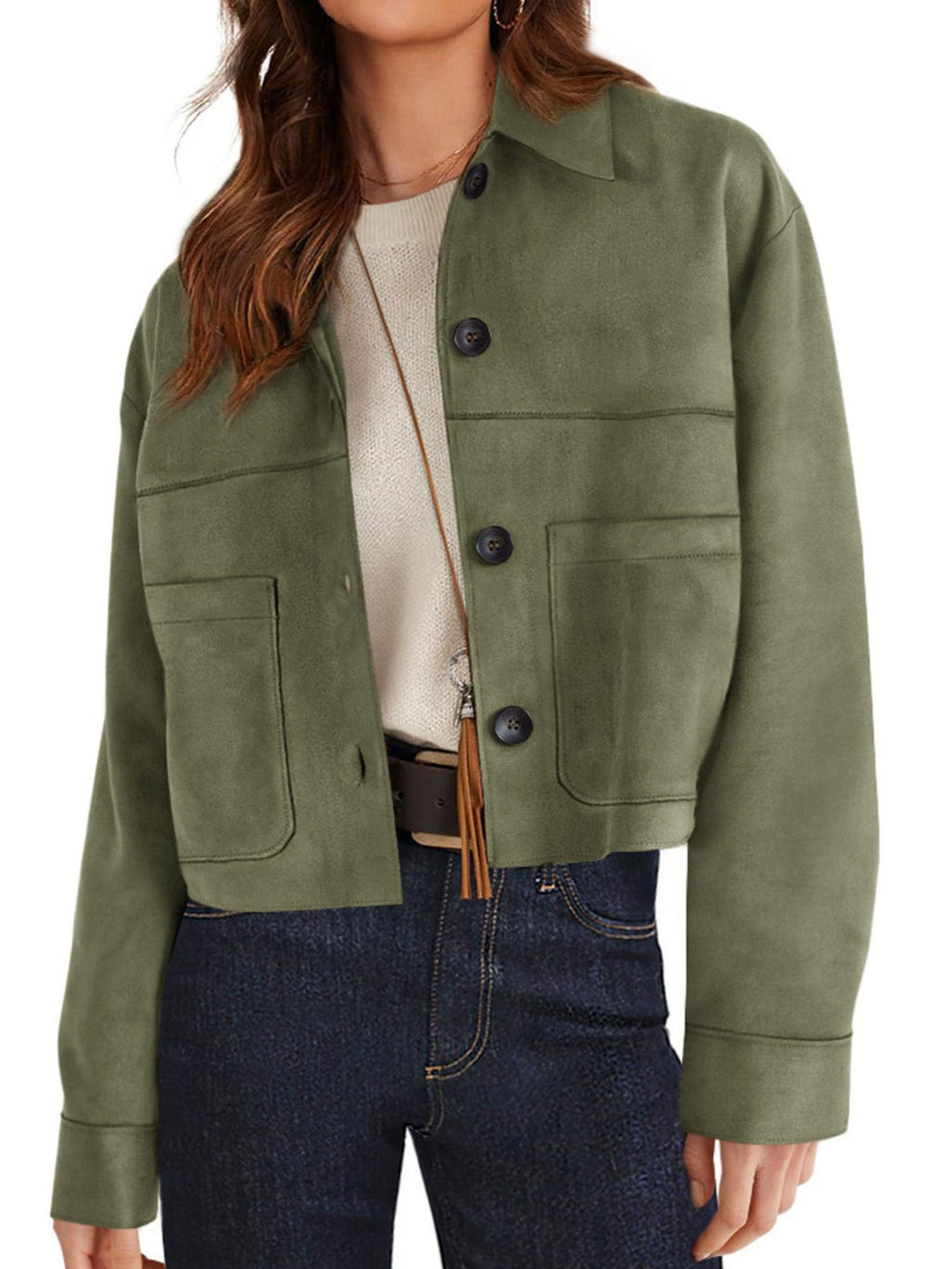 Women's Faux Suede Short Jacket - Lightweight Cropped Autumn Jacket, Eight Colours, S-XXL - Amora