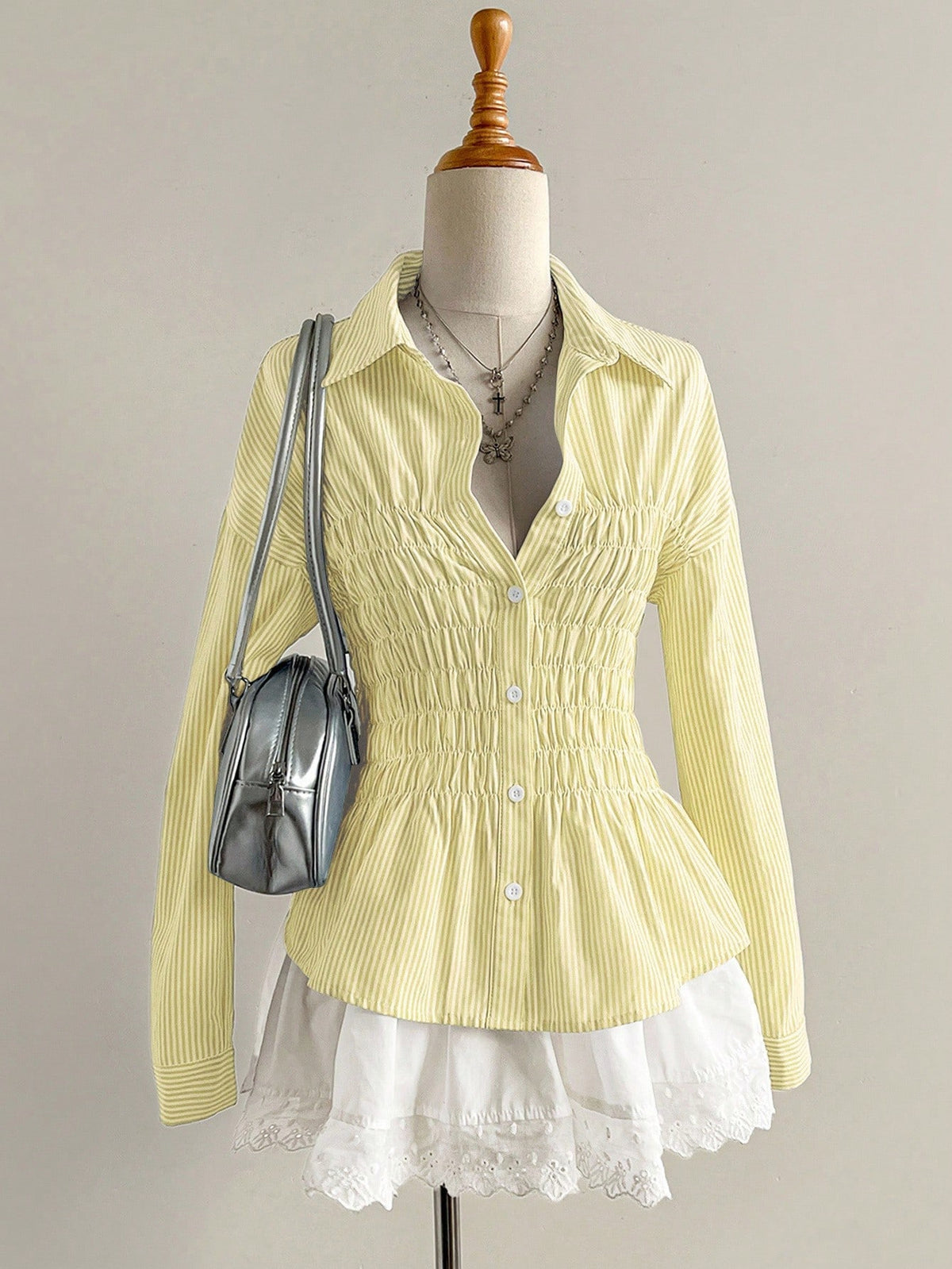 Women's Striped Shirt - Pleated Stand Collar Long Sleeve Shirt, Slim Fit, S-XL - Amora
