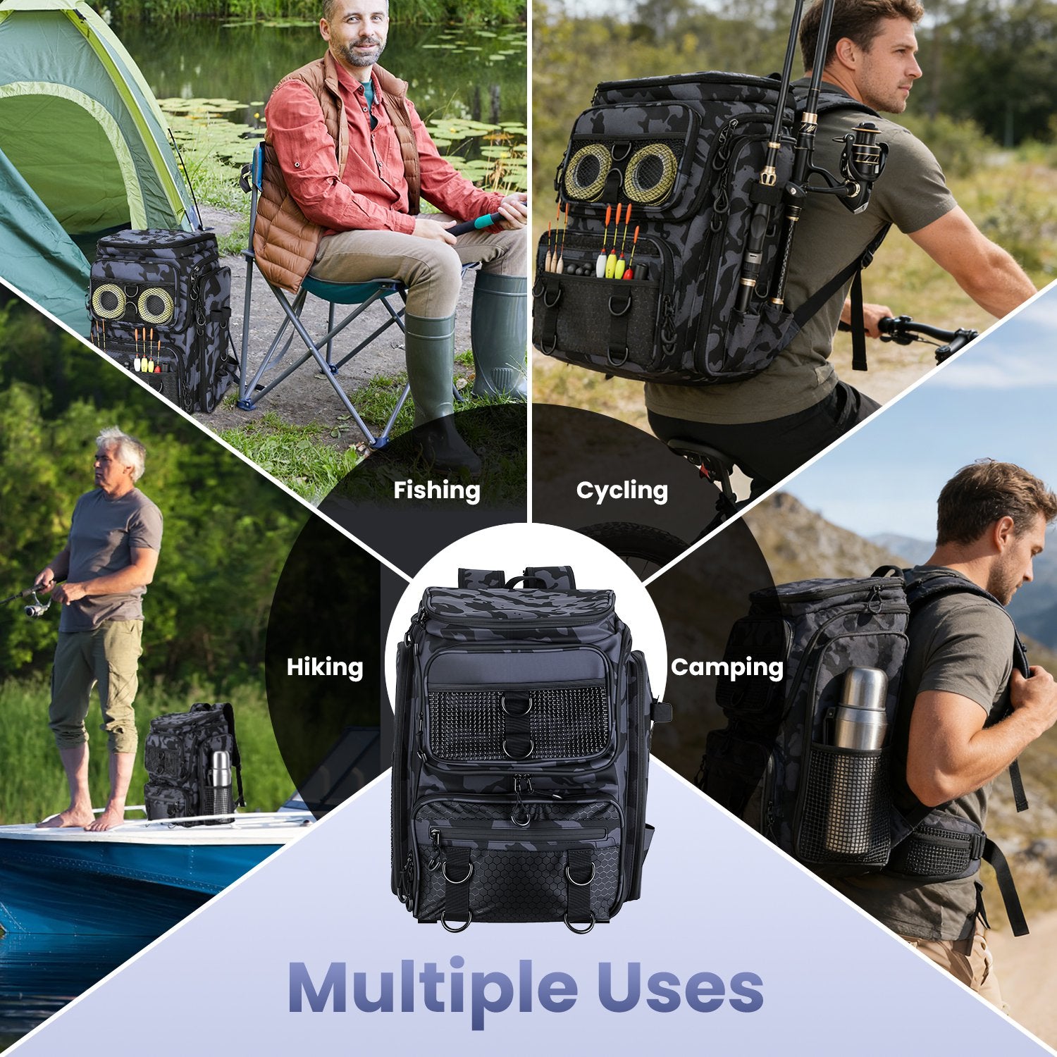 42L 11Gal Fishing Backpack Large Capacity Fishing Tackle Storage Bag with Rod Holders 16 Pocket Water-Resistant with Divider Adjustable Padded Straps for Fishing Gear Outdoor Camping Hiking