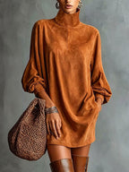 Women's Faux Suede A-Line Dress - Retro Long Sleeve Short Dress, Eight Colours, S-3XL - Amora