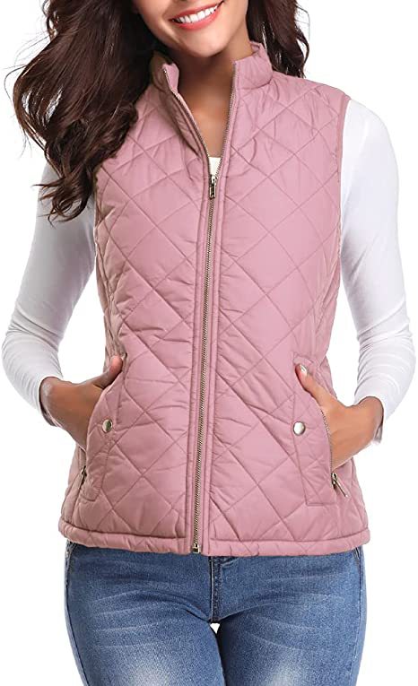 Women's Quilted Stand Collar Vest - Padded Zip-Up Gilet with Flap Pockets, Fifteen Colours, S-XXL - Amora