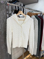 Women's Hooded Cable Knit Cardigan - Button Front Twist Knit Sweater Jacket, Grey, White or Navy - Amora