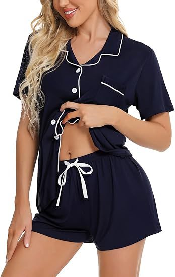 Women's Lapel Collar Loungewear Set - Short Sleeve Top and Shorts Pyjamas, Navy, Pink or Peach, XS-3XL - Amora
