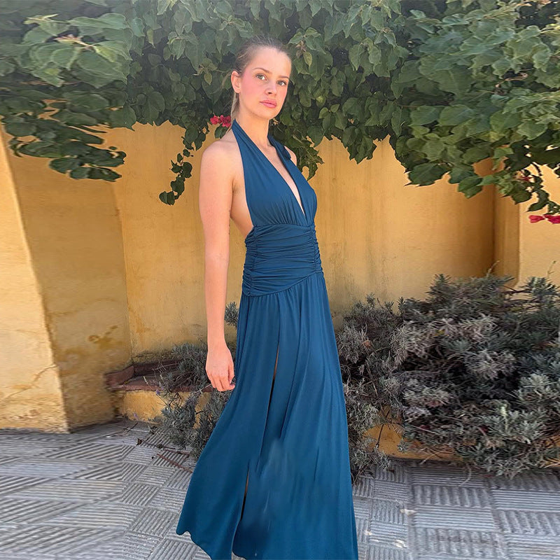 Women's Halter Neck Pleated Maxi Dress - Sleeveless Split Evening Dress, Gold, Red or Blue, XS-3XL - Amora