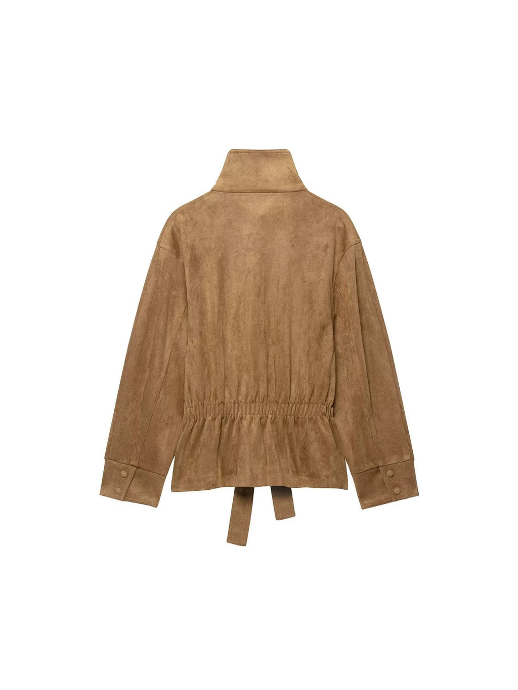 Women's Textured Stand Collar Jacket - Zip-Up Waist Tie Jacket, Light Brown, Tan or Black, XS-L - Amora