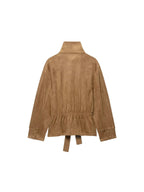 Women's Textured Stand Collar Jacket - Zip-Up Waist Tie Jacket, Light Brown, Tan or Black, XS-L - Amora