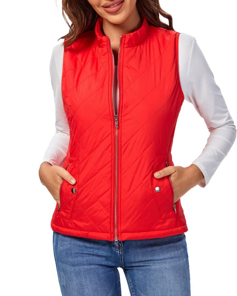 Women's Quilted Stand Collar Vest - Padded Zip-Up Gilet with Flap Pockets, Fifteen Colours, S-XXL - Amora