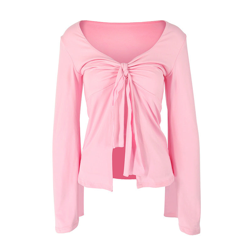 Women's Bell Sleeve Top - Split Hem Slim Fit Long Sleeve Top, Six Colours, S-L - Amora