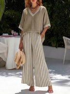 Women's Two Piece Set - V-Neck Top and Striped Wide Leg Cropped Trousers, Seven Colours, S-4XL - Amora